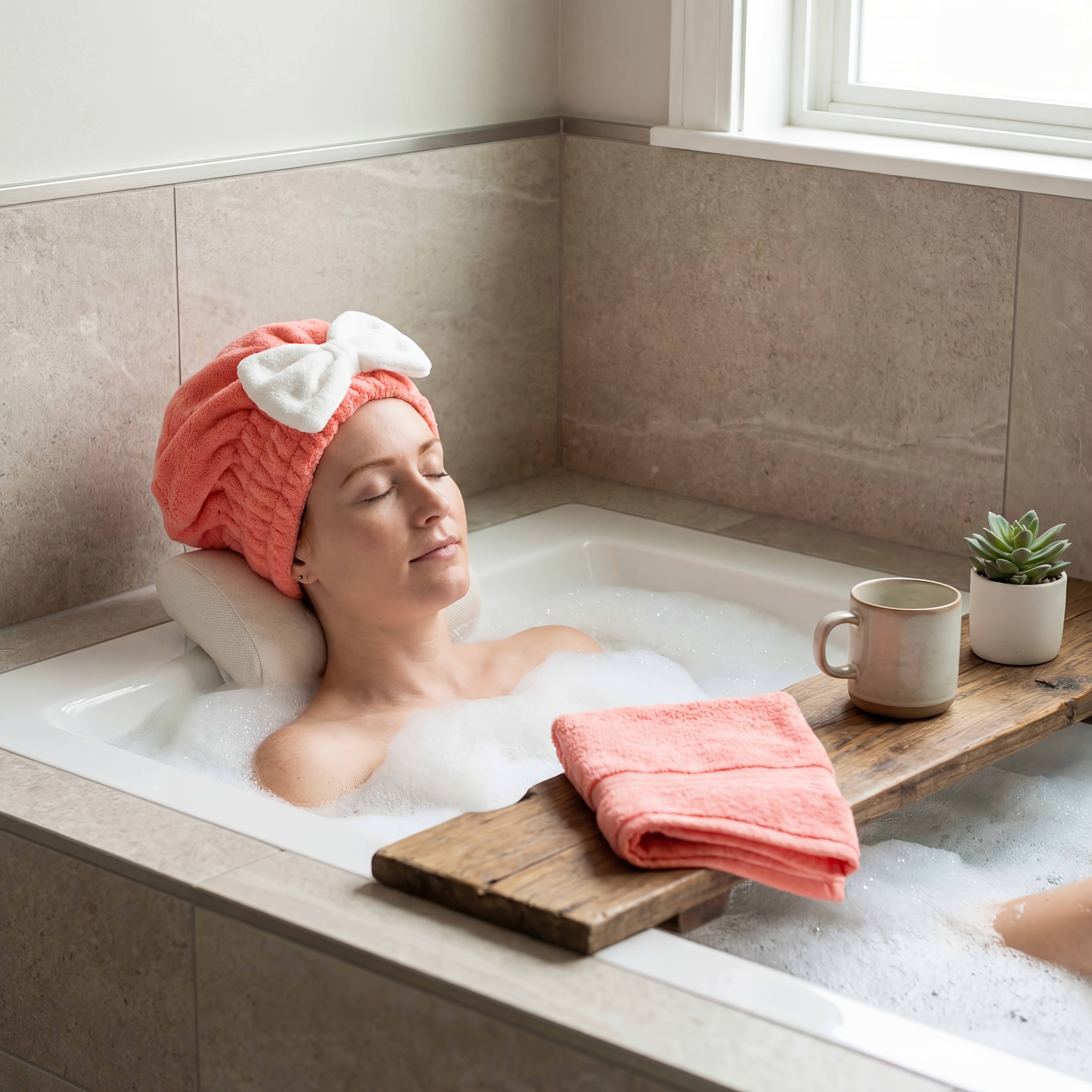 product-fancy-7f2a0637-8767-4a72-8713-89c7dc61c134 - Boubouonaturel – Vêtements, accessoires et produits naturels Woman with a coral towel wrapped around her head relaxing in a bubble bath by a window, with a wooden bath tray and a plant nearby.