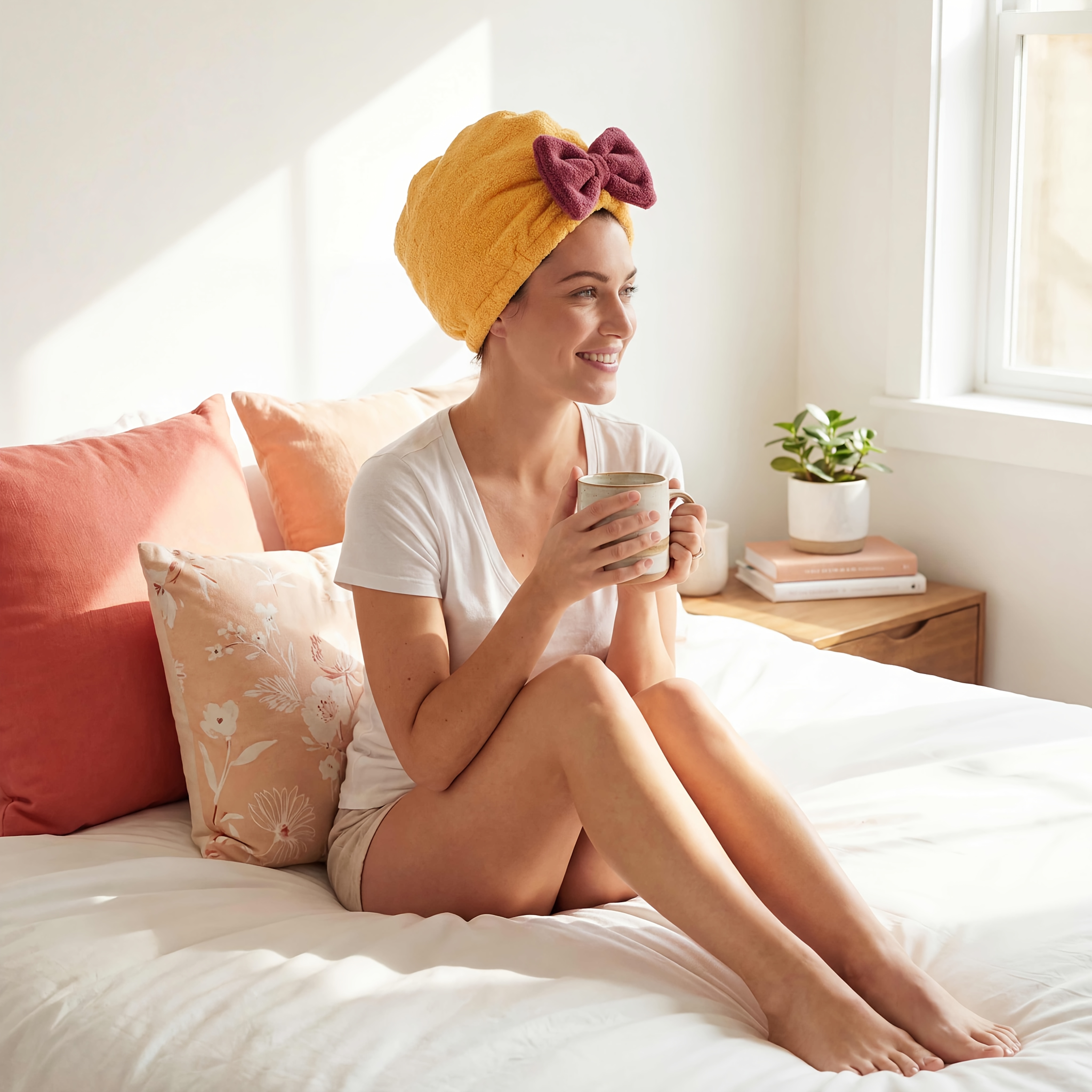 product-fancy-9eec698a-0278-4099-95d8-e7f12c12b19e - Boubouonaturel – Vêtements, accessoires et produits naturels Smiling woman sitting on a bed wearing an orange towel turban with a pink bow, holding a mug in a bright room.