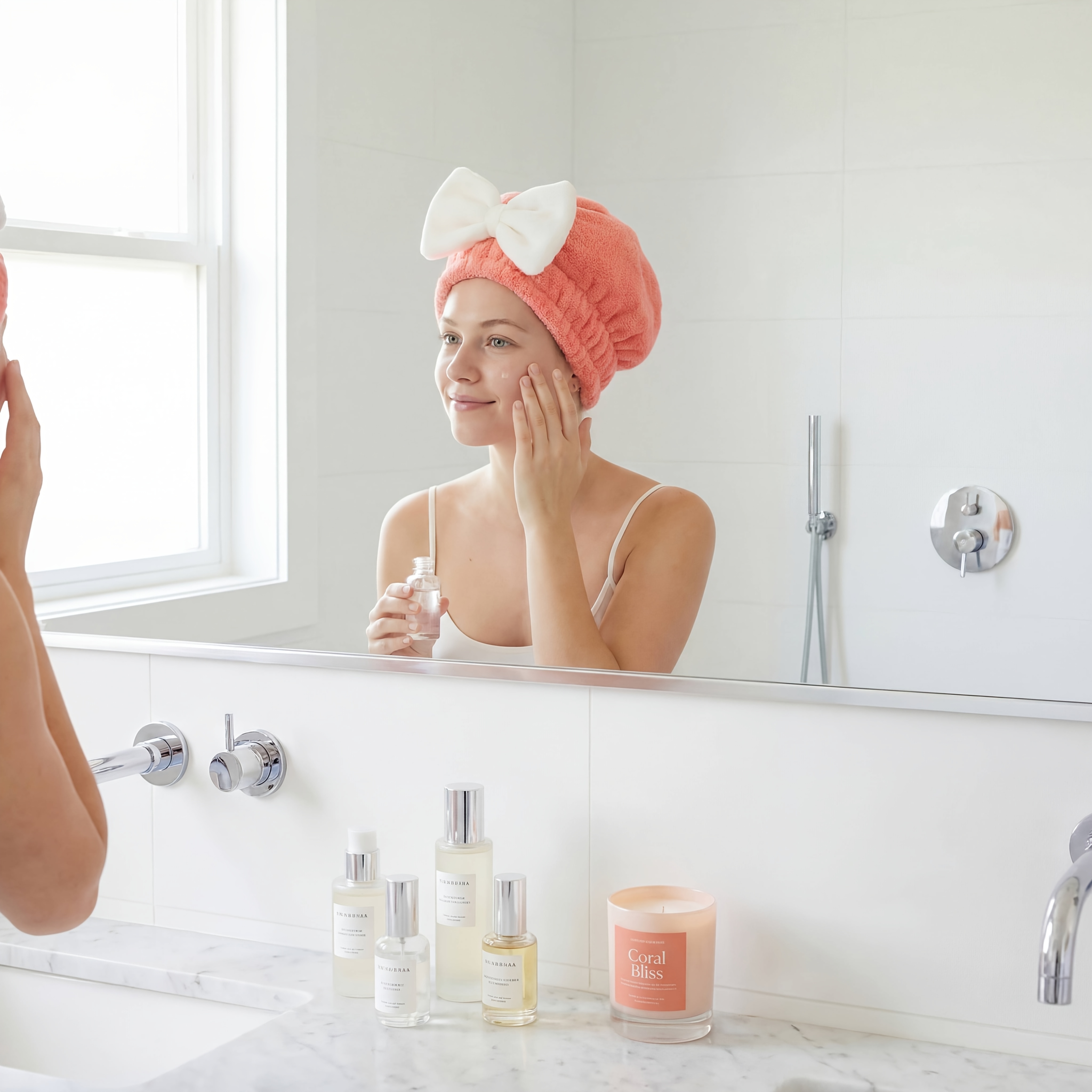 product-fancy-ee28fe6c-fe94-4f98-aedd-a3786fc200a8 - Boubouonaturel – Vêtements, accessoires et produits naturels Woman with a coral towel wrapped around her head and a white bow applying skincare in front of a bathroom mirror.